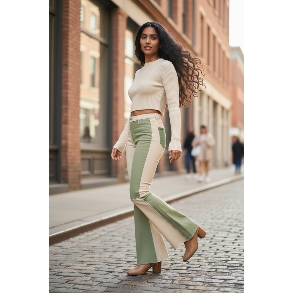 Peach Love Sage & Tan Color Block Flares | 90s Retro Denim - Picture 7 of 9
